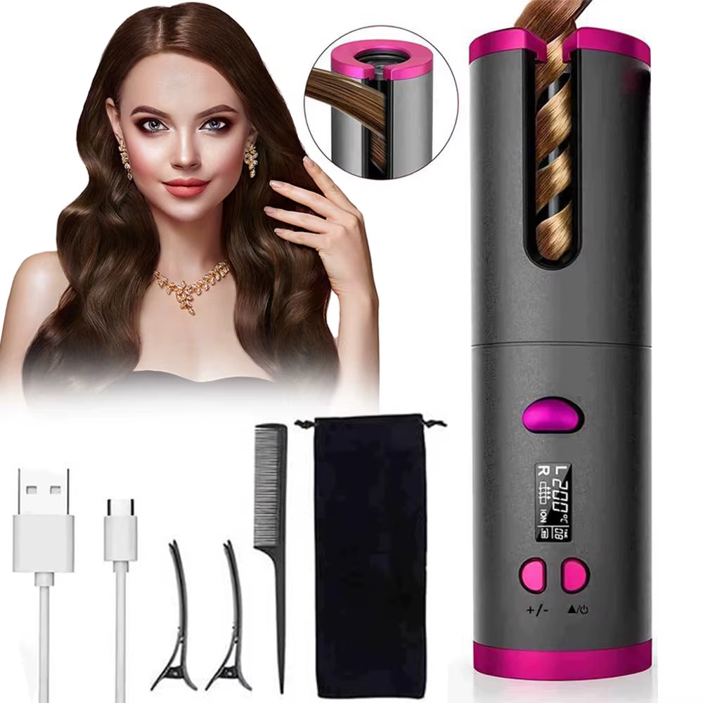 Auto Rotating Cordless Hair Curler Portable Adjustable Temp Time Fast Heat Curling Iron for Travel Home