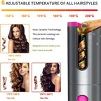 Auto Rotating Cordless Hair Curler Portable Adjustable Temp Time Fast Heat Curling Iron for Travel Home