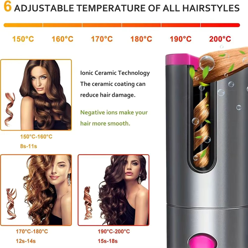 Auto Rotating Cordless Hair Curler Portable Adjustable Temp Time Fast Heat Curling Iron for Travel Home