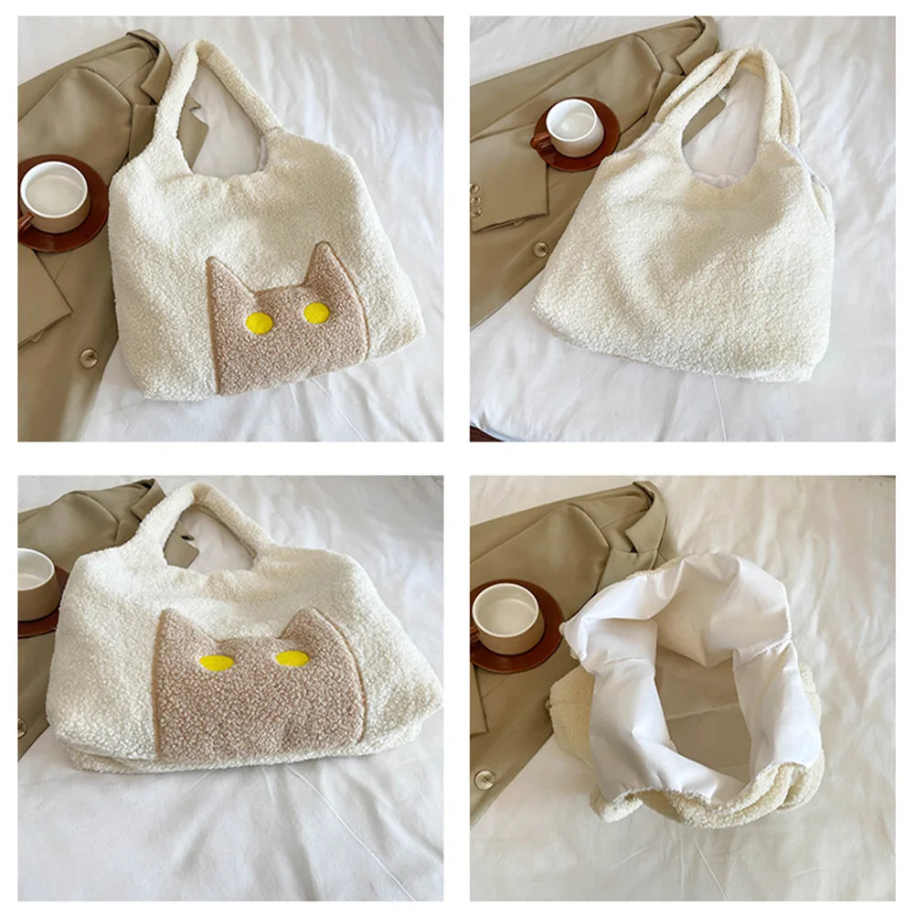 Women Lambs Wool Plush Tote Bag Cute Cat Tote Handbag Large Capacity Satchel Bag Shopping Dating Bag