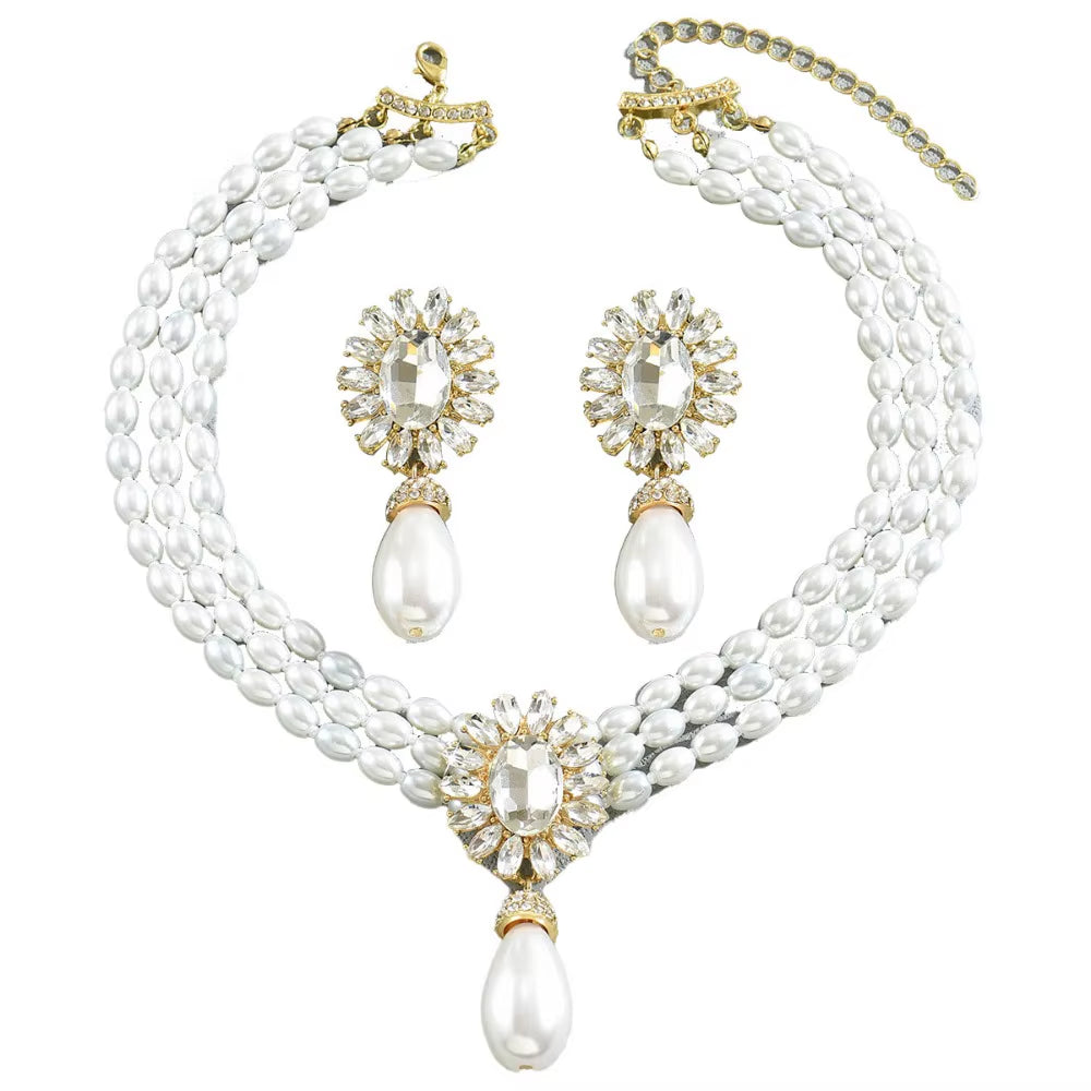Elegant Multi - Layer Pearl Jewelry Set Necklace and Earrings