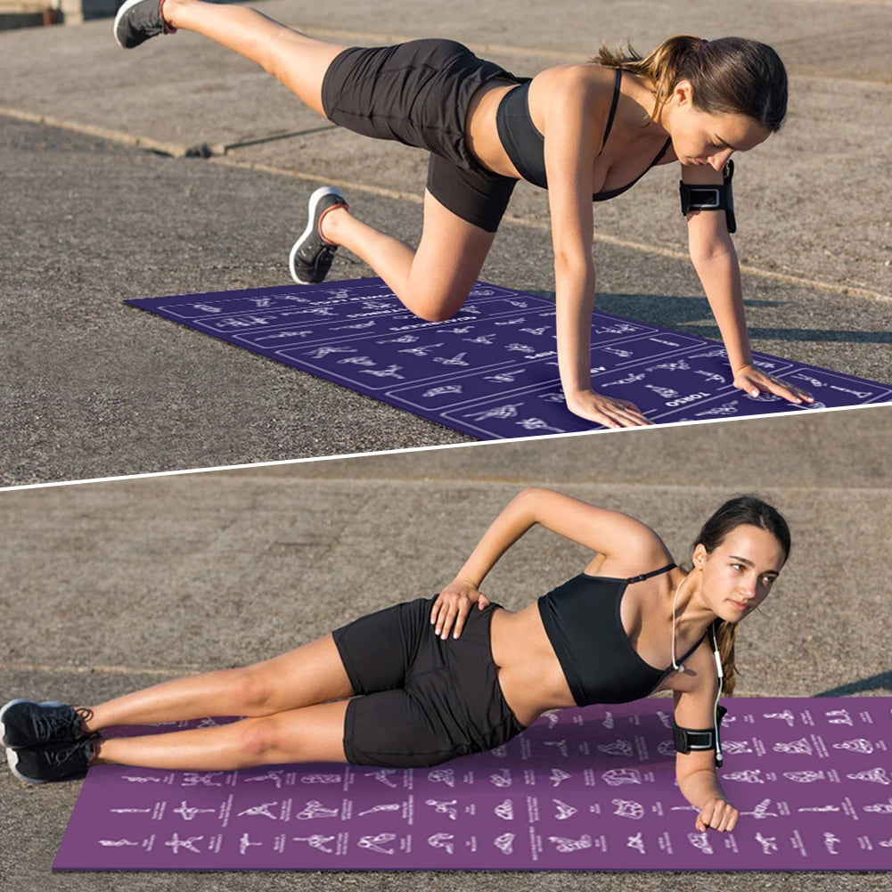 Double-Side Yoga Mat with Carrying Strap & Bag Illustrated Yoga Poses Mat Non-Slip Travel Fitness Mat Home and Gym Essentials