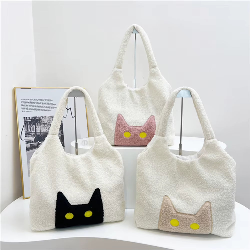 Women Lambs Wool Plush Tote Bag Cute Cat Tote Handbag Large Capacity Satchel Bag Shopping Dating Bag
