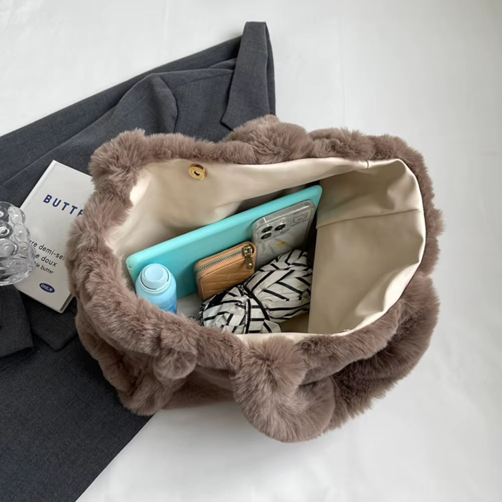 Women Fluffy Tote Bags Soft Plush Shoulder Bag Cute Faux Fur Hobo Bag Trendy Large Capacity Travel Work Bag