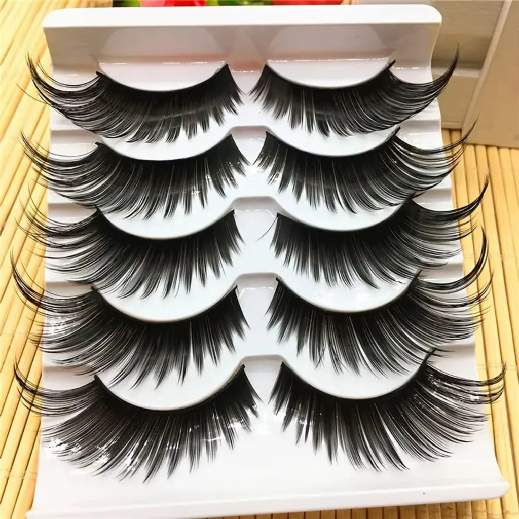5 Pairs Black False Eyelashes Exaggerated Thick Lashes Cat-Eye Fluffy Faux Mink Lashes for Daily & Party Makeup