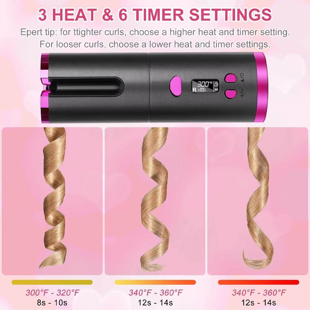 Auto Rotating Cordless Hair Curler Portable Adjustable Temp Time Fast Heat Curling Iron for Travel Home