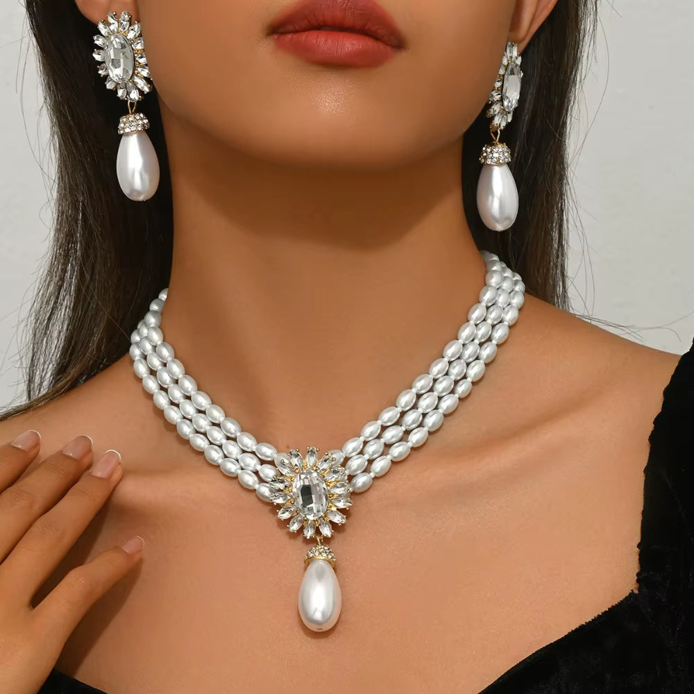 Elegant Multi - Layer Pearl Jewelry Set Necklace and Earrings