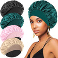4PCS Silk Bonnet for Sleeping,Hair Satin Bonnets for Black Women Men,Hair Wrap Cap for Curly Hair,Elastic Wide Band Hair Bonnet Shower Cap for Sleeping (Black & Peacock Blue & Pink & Khaki)