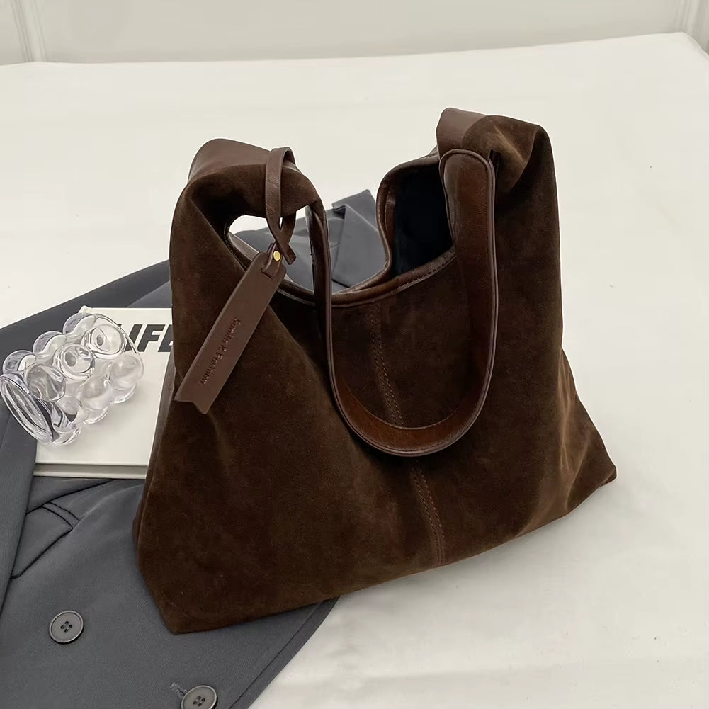 Women Suede Tote Bag Magnetic Closure Shoulder Bag Slouchy Retro Handbag Large Capacity for Work Travel （Velvet+Pu）