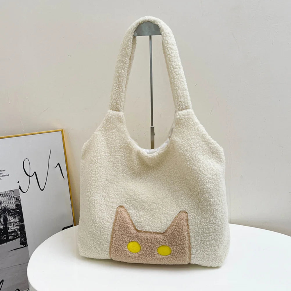 Women Lambs Wool Plush Tote Bag Cute Cat Tote Handbag Large Capacity Satchel Bag Shopping Dating Bag