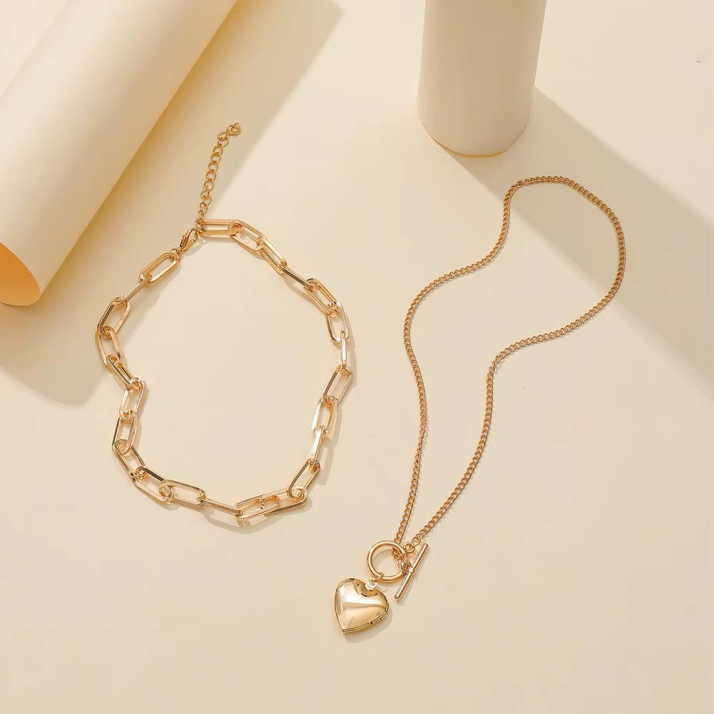 Alloy Pendant Necklace Love Heart Pendant Fashion Women Chunky Chain Necklace OT Buckle for Gift for Party Wedding Travel