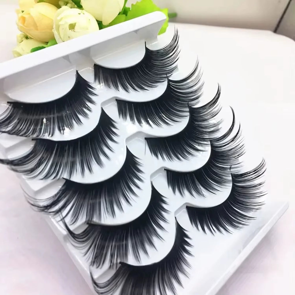 5 Pairs Black False Eyelashes Exaggerated Thick Lashes Cat-Eye Fluffy Faux Mink Lashes for Daily & Party Makeup