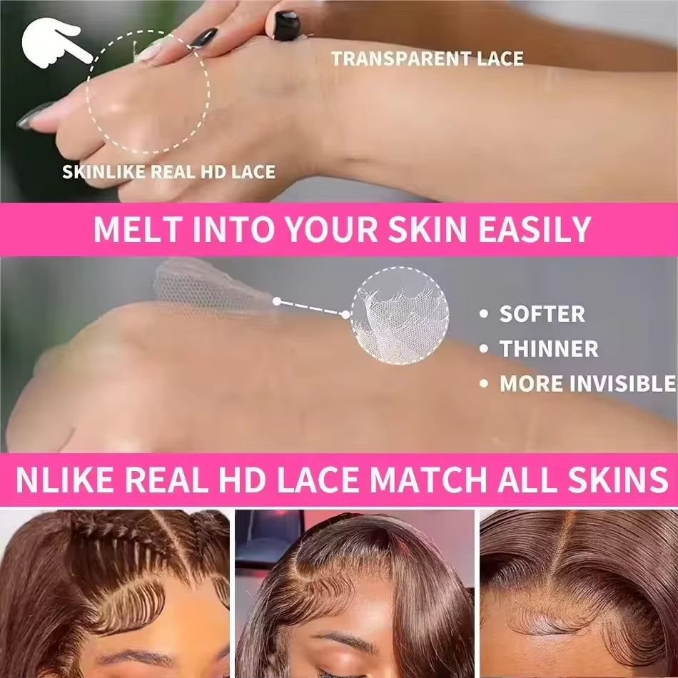 220 Density Full Frontal 13X4 HD Transparent Lace #4 Chocolate Brown Straight Short Bob Wig Human Hair Wigs Pre Plucked Wig