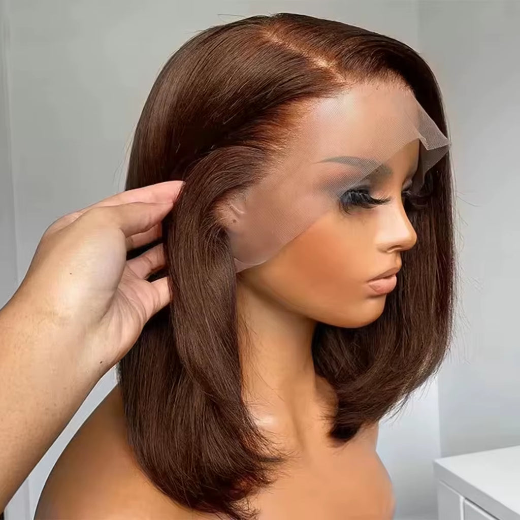 220 Density Full Frontal 13X4 HD Transparent Lace #4 Chocolate Brown Straight Short Bob Wig Human Hair Wigs Pre Plucked Wig