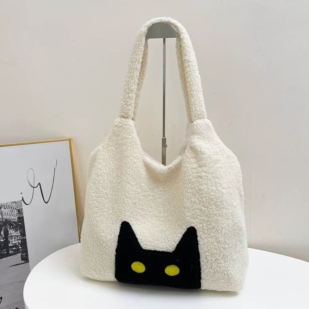 Women Lambs Wool Plush Tote Bag Cute Cat Tote Handbag Large Capacity Satchel Bag Shopping Dating Bag