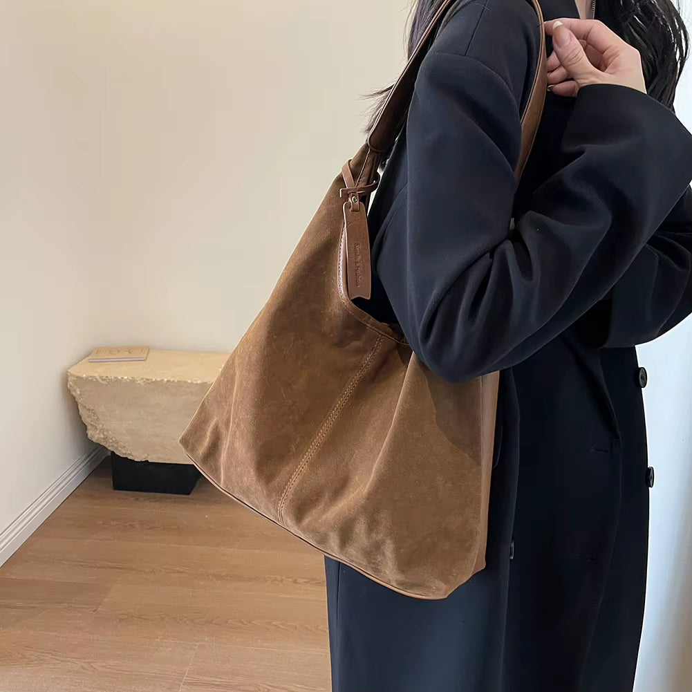Women Suede Tote Bag Magnetic Closure Shoulder Bag Slouchy Retro Handbag Large Capacity for Work Travel （Velvet+Pu）