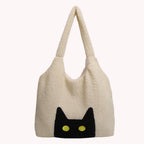 Women Lambs Wool Plush Tote Bag Cute Cat Tote Handbag Large Capacity Satchel Bag Shopping Dating Bag