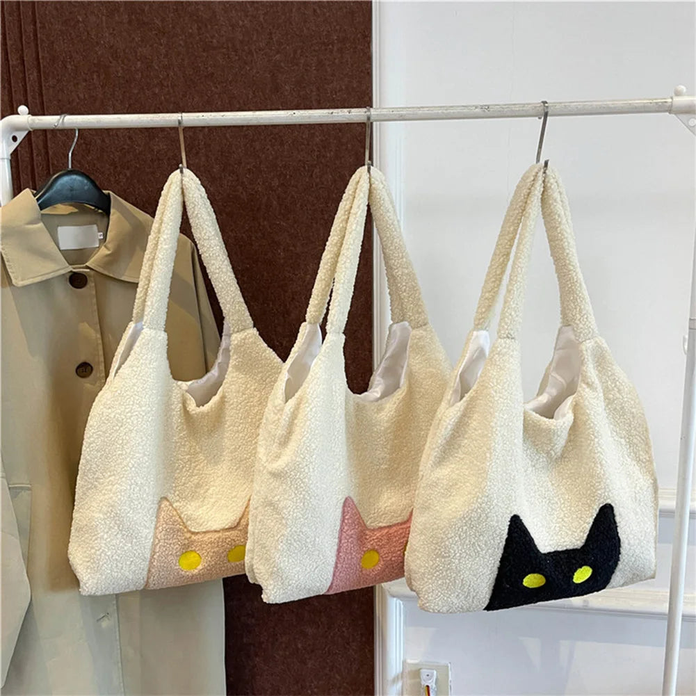 Women Lambs Wool Plush Tote Bag Cute Cat Tote Handbag Large Capacity Satchel Bag Shopping Dating Bag