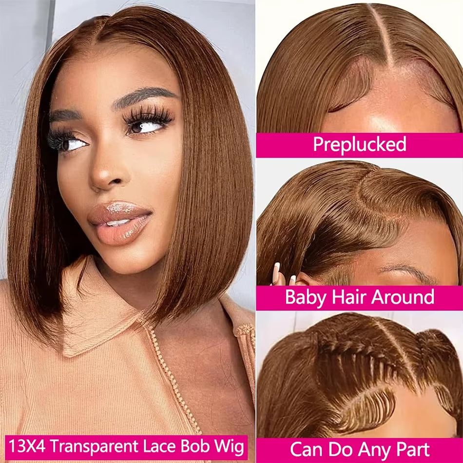 220 Density Full Frontal 13X4 HD Transparent Lace #4 Chocolate Brown Straight Short Bob Wig Human Hair Wigs Pre Plucked Wig