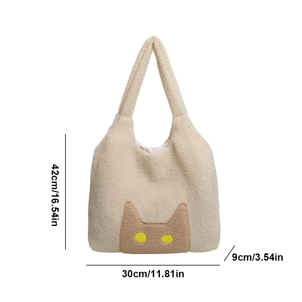 Women Lambs Wool Plush Tote Bag Cute Cat Tote Handbag Large Capacity Satchel Bag Shopping Dating Bag
