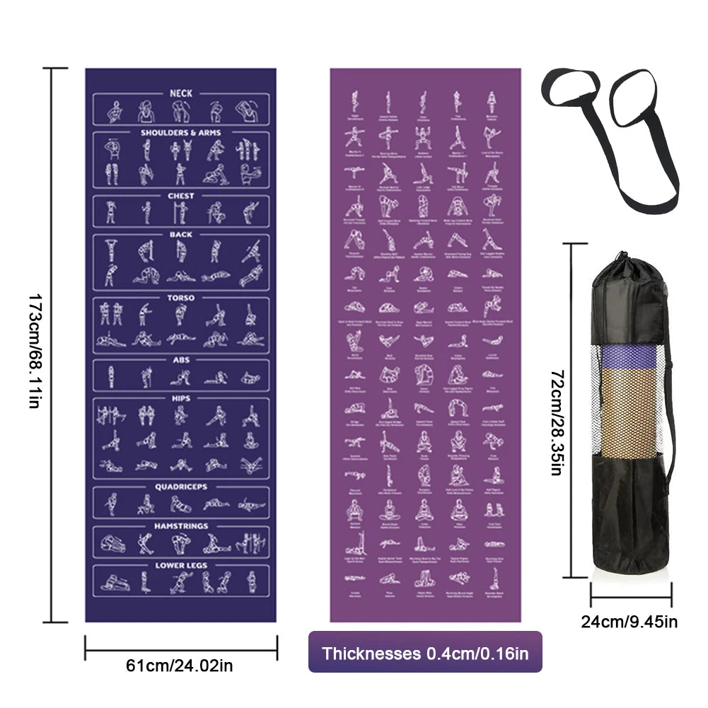 Double-Side Yoga Mat with Carrying Strap & Bag Illustrated Yoga Poses Mat Non-Slip Travel Fitness Mat Home and Gym Essentials