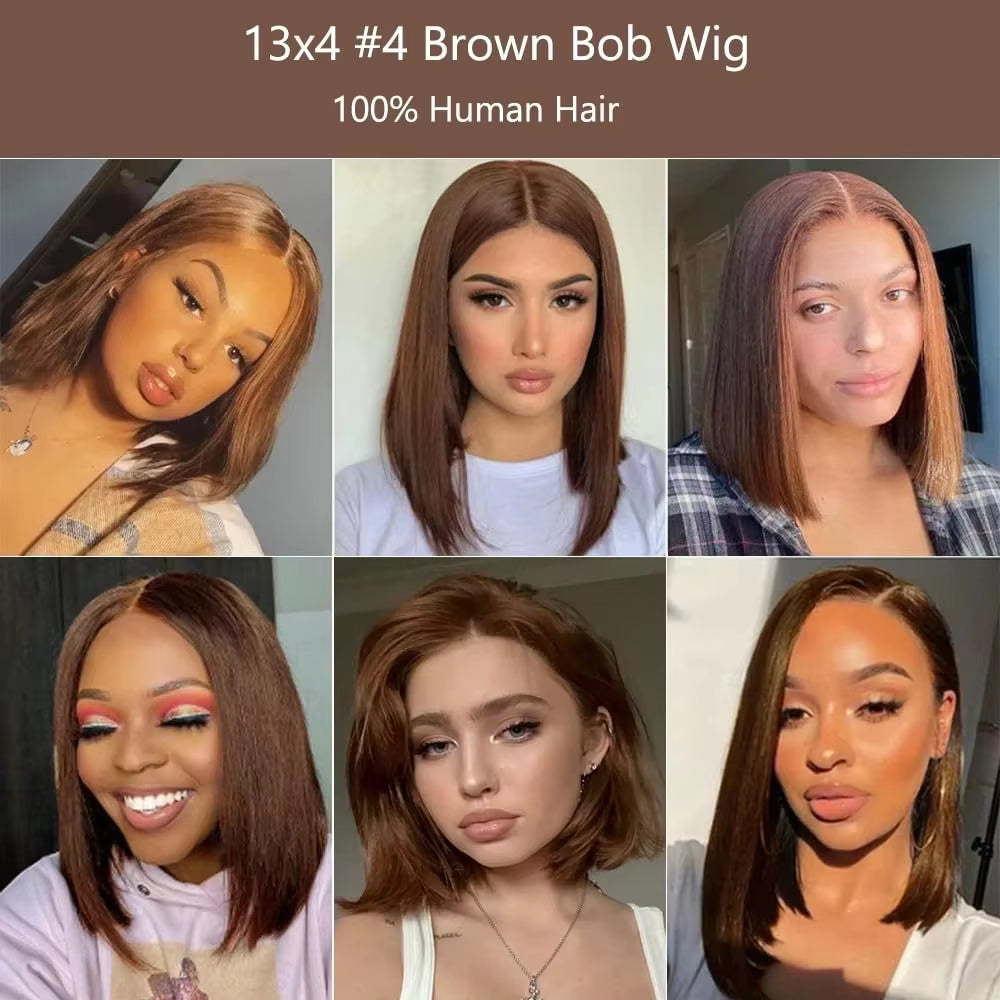 220 Density Full Frontal 13X4 HD Transparent Lace #4 Chocolate Brown Straight Short Bob Wig Human Hair Wigs Pre Plucked Wig