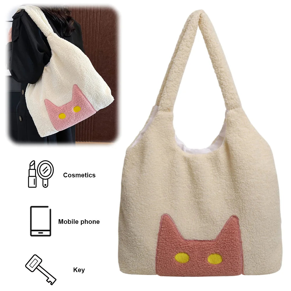 Women Lambs Wool Plush Tote Bag Cute Cat Tote Handbag Large Capacity Satchel Bag Shopping Dating Bag