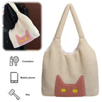 Women Lambs Wool Plush Tote Bag Cute Cat Tote Handbag Large Capacity Satchel Bag Shopping Dating Bag