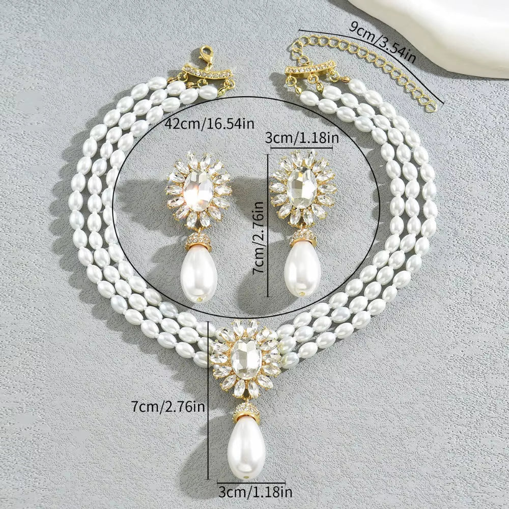 Elegant Multi - Layer Pearl Jewelry Set Necklace and Earrings