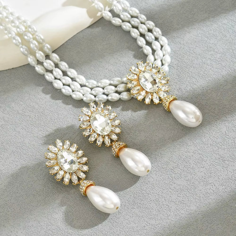 Elegant Multi - Layer Pearl Jewelry Set Necklace and Earrings