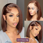 220 Density Full Frontal 13X4 HD Transparent Lace #4 Chocolate Brown Straight Short Bob Wig Human Hair Wigs Pre Plucked Wig