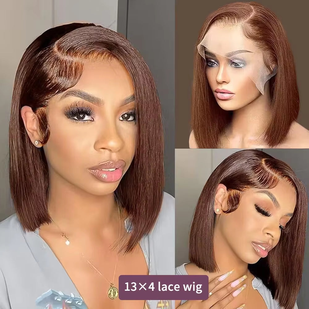 220 Density Full Frontal 13X4 HD Transparent Lace #4 Chocolate Brown Straight Short Bob Wig Human Hair Wigs Pre Plucked Wig
