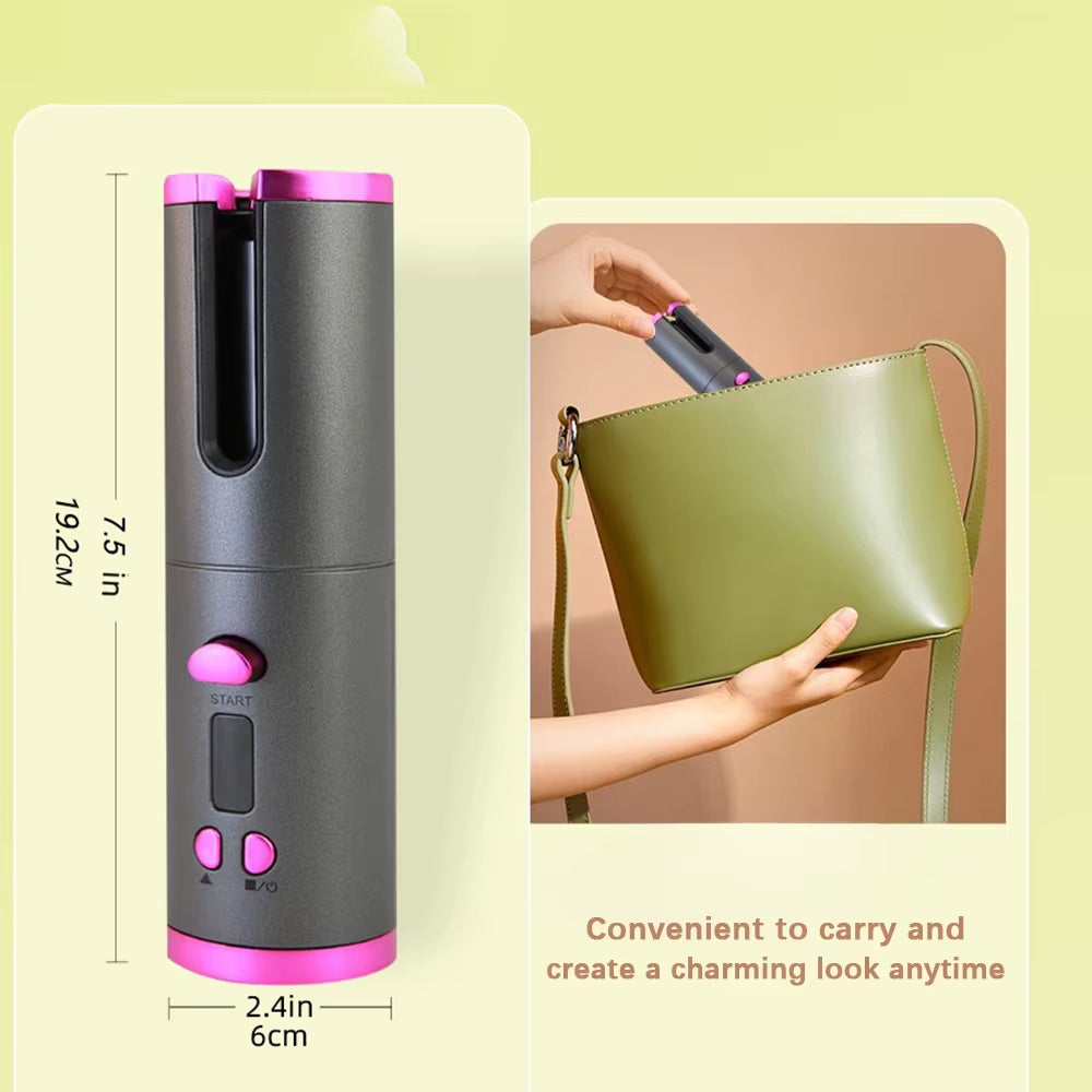 Auto Rotating Cordless Hair Curler Portable Adjustable Temp Time Fast Heat Curling Iron for Travel Home