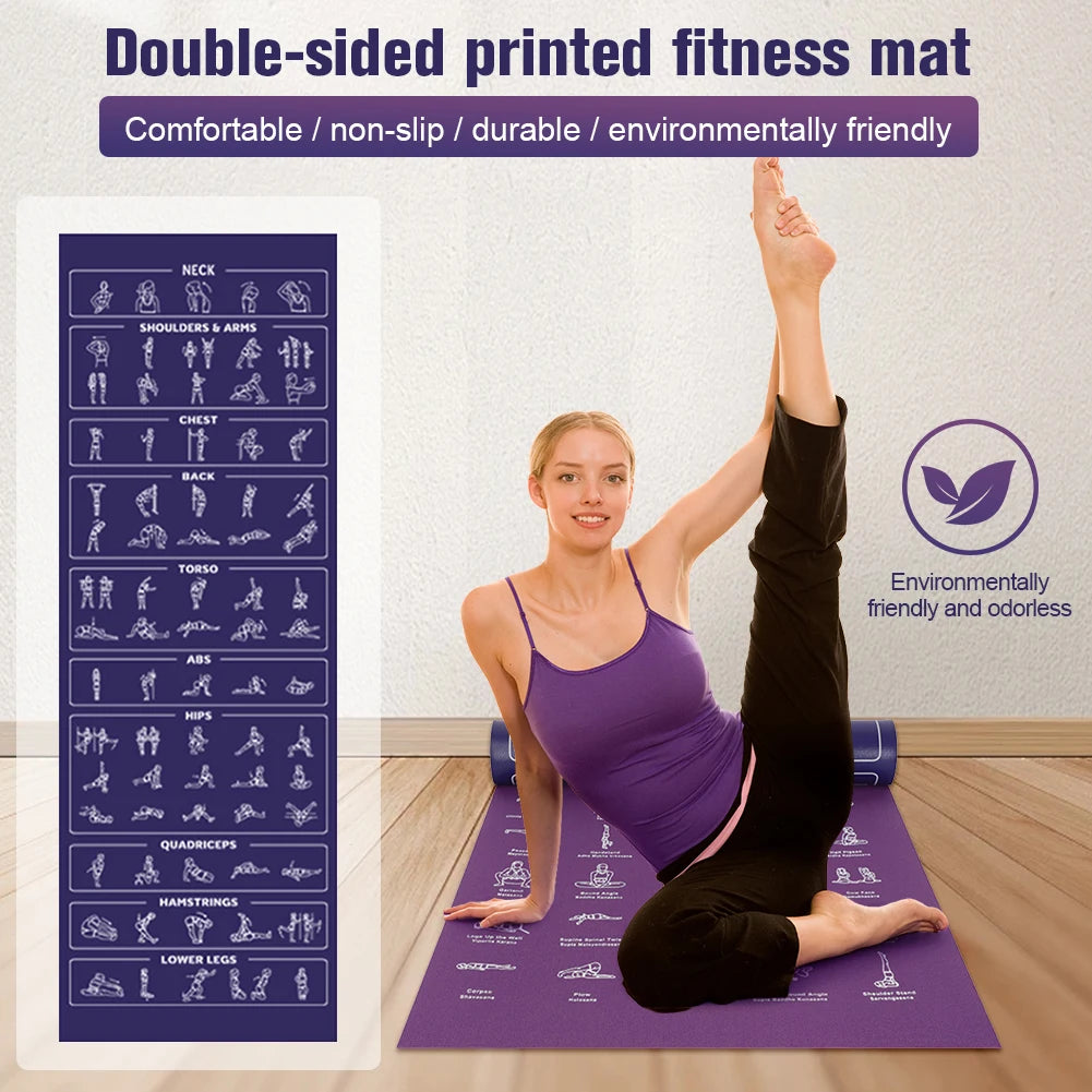 Double-Side Yoga Mat with Carrying Strap & Bag Illustrated Yoga Poses Mat Non-Slip Travel Fitness Mat Home and Gym Essentials