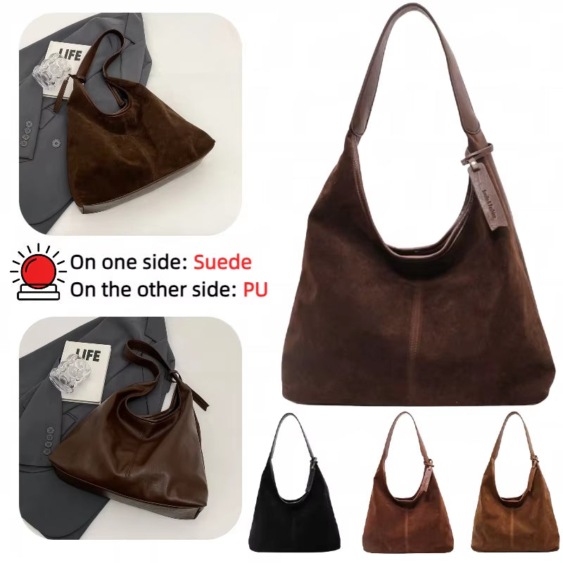 Women Suede Tote Bag Magnetic Closure Shoulder Bag Slouchy Retro Handbag Large Capacity for Work Travel （Velvet+Pu）